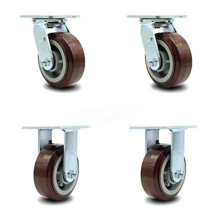 Service Caster 5 Inch Polyurethane Caster Set with Roller Bearing 2 Swivel 2 Rigid SCC SCC-30CS520-PPUR-2-R520-2